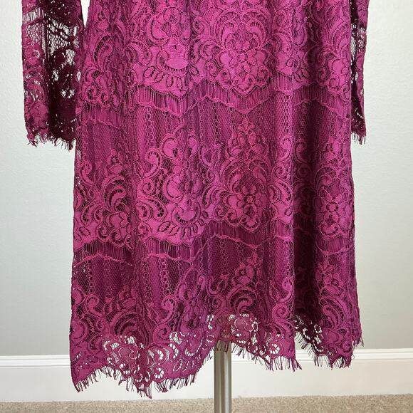 Adrianna Papell Women Cocktail Dress Size 12 Red Scallop Lace Long Sleeve Shift - Picture 7 of 11